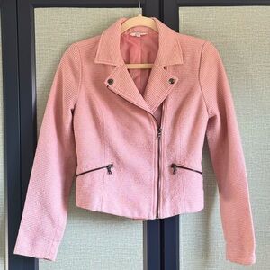 Candies Y2K Baby Pink + White Hilary Duff Knit Fitted Cropped Moto Jacket Size S